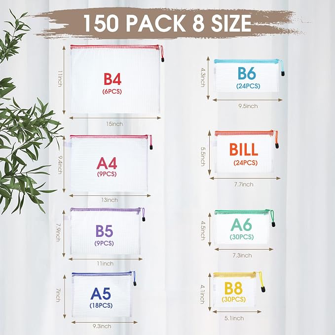 Kisston 150 Pcs Mesh Zipper Pouch Bags Bulk, 8 Sizes Plastic Zipper Bags, 8 Colors Waterproof File Pouches for Organization, Multipurpose Travel Pouches for Travel, Office, Board Game - Image 2