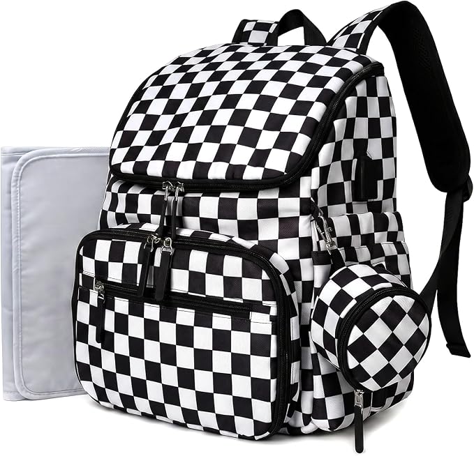 FHELAD Checkered Diaper Bag Backpack with Changing Pad & Stroller Clips | Baby Diaper Bag, Baby Shower Gifts, 4 Insulated Bottle Holders, Wet Wipe Pocket, Luggage Strap by FHELAD