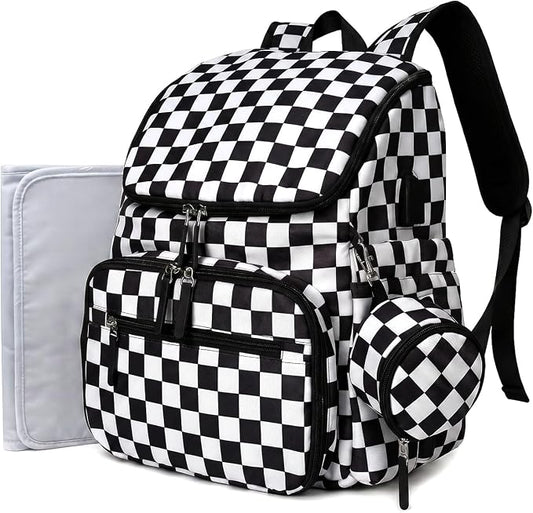 FHELAD Checkered Diaper Bag Backpack with Changing Pad & Stroller Clips | Baby Diaper Bag, Baby Shower Gifts, 4 Insulated Bottle Holders, Wet Wipe Pocket, Luggage Strap by FHELAD