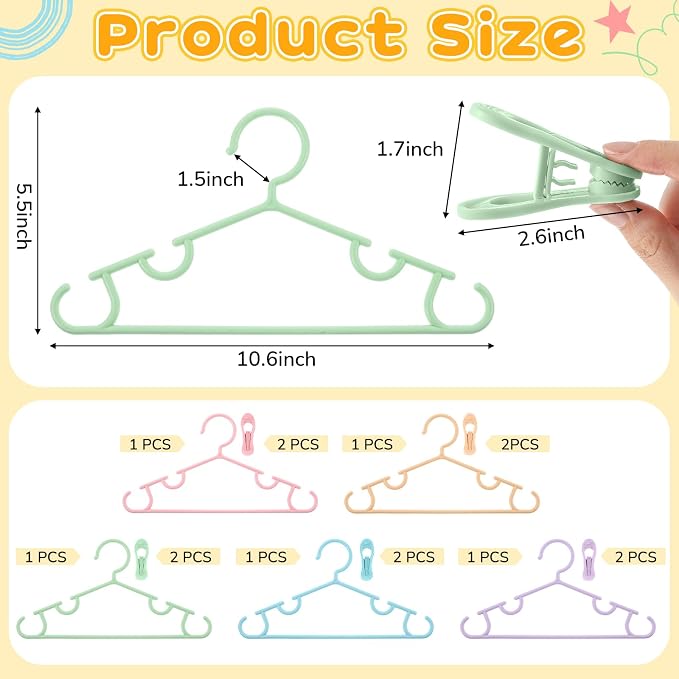 Hsei Baby Hanger with Clip for Pant,15 Packs Total,Macaron Color,10.6 Inch | 5 Kids Plastic Hanger with 10 Clips for Newborn, Nursery, Daycare, Preschool, Closet, Wardrobe Organizer for Baby Shower - Image 2