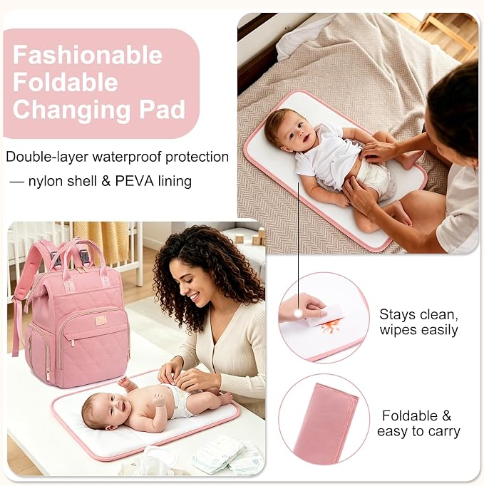 Diaper Bag Backpack Travel Diaper Backpack, Large Baby Diaper Bag with Changing Pad Baby Bag for Boys Girls, Insulated Pockets, Waterproof Baby Backpack for Mom & Maternity (Pink) - Image 4