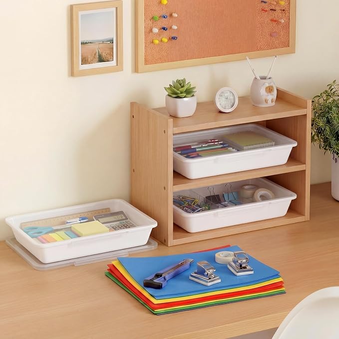 12 Pcs Classroom Paper Storage Bins with Clear Latching Lid, Label Stackable Letter Size Flat Tray Container for Teacher Back to School Supplies Home Office Desk Arts Crafts (White,13x10in) - Image 6