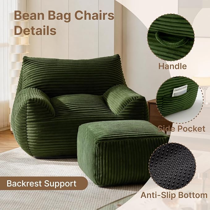 Oversized Bean Bag Chair with Ottoman, Bean Bag Couch with 2 Side Pockets, Corduroy Boneless Couch Chair in a Box, Comfy Lounge Chair for Living Room, Bedroom, Dorm, Green - Image 3