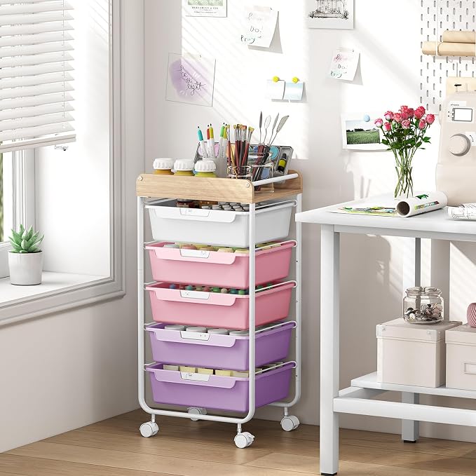 SYKIARIOL Rolling Storage Utility Cart with 5 Drawers,Purple | Craft Cart with Wheels,Makeup Organizer,Art Supply And Storage Wooden Tabletop - Image 4