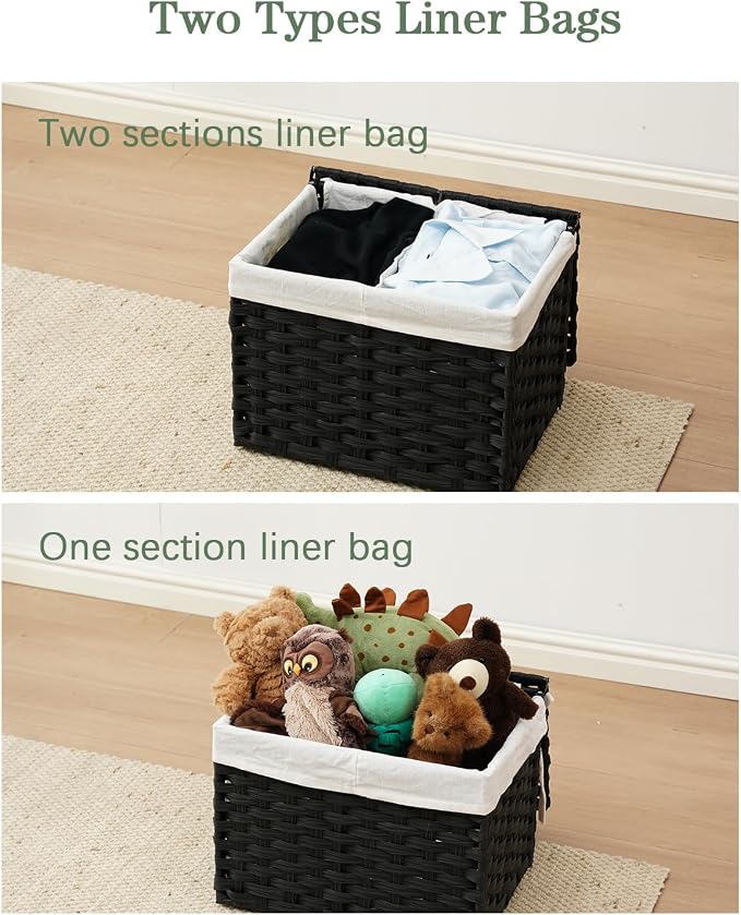 SETVSON Storage Basket with Lid, 2-Lid PE Rattan Storage Bin, Black | 9.2 Gal Decorative PE Rattan Furniture Look for Bedroom, 2 Separate Lids, 2 Liners with Divider for Apparel & Essentials - Image 6