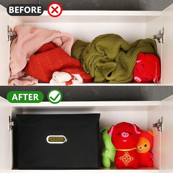 Fabric Foldable Collapsible Storage Cube Bin Organizer Basket with Lid, Handles, Removable Divider for Home, Closet (Black, 6Pcs) - Image 4