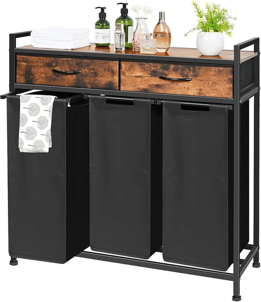 180L Laundry Sorter Hamper Basket 3 Section with Shelf & 2 Drawers | 3 Compartment Clothes Storage Organizer Cart, Pull-Out Removable Oxford Fabric Bags by Ollieroo