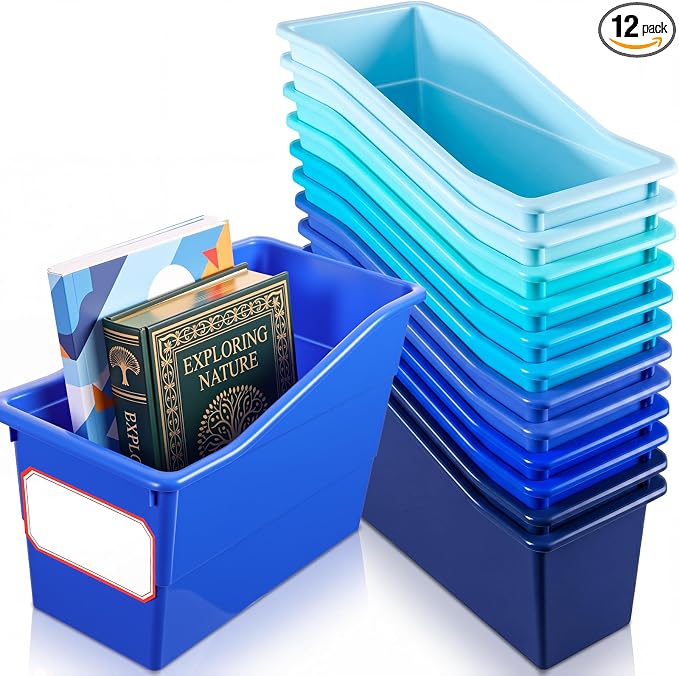 Teling 12 Pcs Book Bins Bulk for Classroom Storage Plastic Magazine Holder with Label Interlocking File Folder Organizer Binder Container Box for School Office Desktop Bookshelf Home (Ocean Blue) by Teling