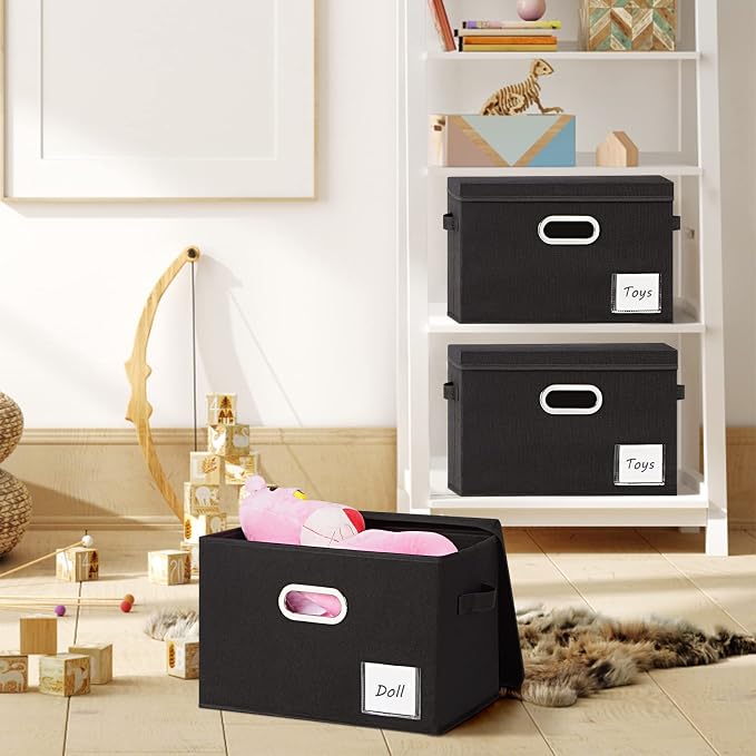 LHZK Extra Large Storage Bins with Lids 6 Pack, Foldable Linen Fabric Storage Boxes with Lids, Sturdy Fabric Storage Bins with Label & 3 Handles for Shelves Bedroom Home Office (Black, Extra Large) - Image 4