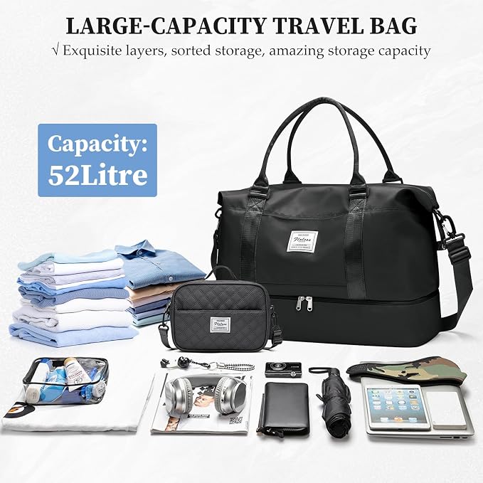Weekender Bags for Women,Personal Item Travel Bag with Shoes Compartment | Overnight Travel Duffel Bag with Grid Travel Set,Carry-On Bag,3 Pcs Set,Large - Image 4