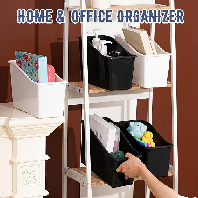 Geetery 24 Pcs Book Bin for Classroom with Labels Stackable Plastic Organizing Bins 11.5 x 5.4 x 7.5 in Book Holders Storage Bins Box Baskets for Classroom Library Home (Black,White) - Image 4