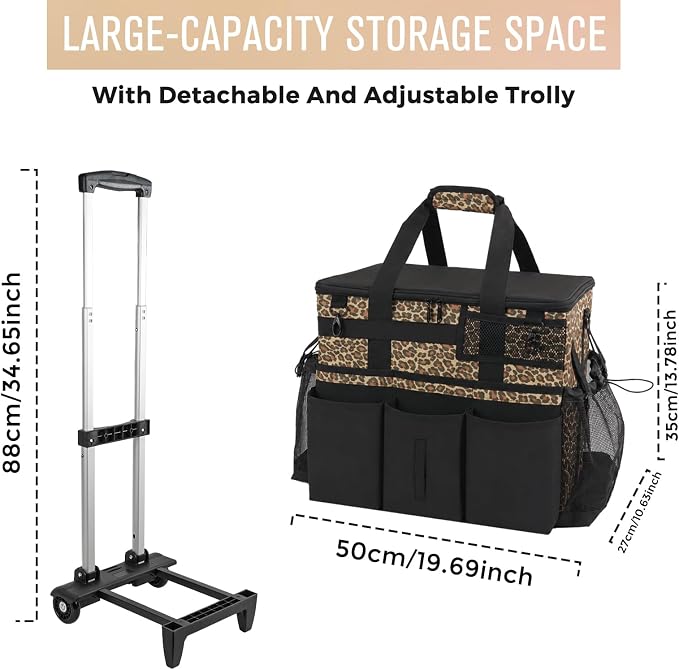 SCAVATA Rolling Cleaning Caddy Bag with Detachable Trolley & Wheels | Large Cleaning Supply Organizer, Portable Multi-Pocket Cleaning Cart for Housekeeper, Adjustable Shoulder Strap, Leopard - Image 5