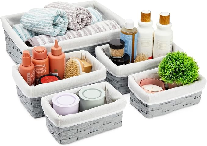 Juvale Wicker Nesting Baskets with Cloth Lining - 5-Pack Gray Rectangular Set - Stackable Storage Bins & Lined Baskets for Organizing Pantry, Closet - Image 6