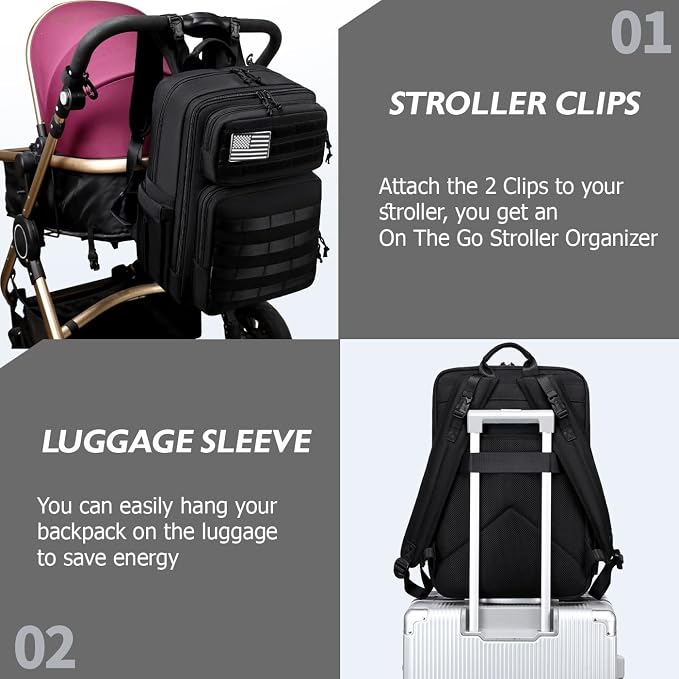 Large Dad Diaper Bag Backpack, Tactical Style, Black | Stroller Clips, Luggage Sleeve for Travel, Insulated Pockets - Image 7