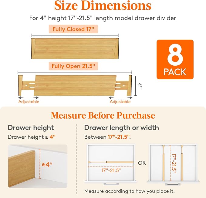 Lifewit 4" High Dresser Drawer Dividers, Adjustable Bamboo Drawer Organizer | 8 Pack 17"-21.5" Expandable Drawer Separator for Clothes, Utensils, Kitchen, Cabinet, Closet, Nursery Organization & Storage - Image 2