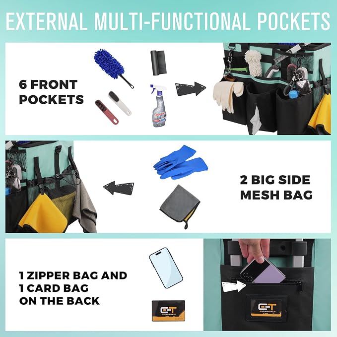 SCAVATA Rolling Cleaning Caddy Bag with Detachable Trolley & Wheels | Large Cleaning Supply Organizer, Portable Multi-Pocket Cleaning Cart for Housekeeper, Adjustable Shoulder Strap, CyanBlue - Image 2