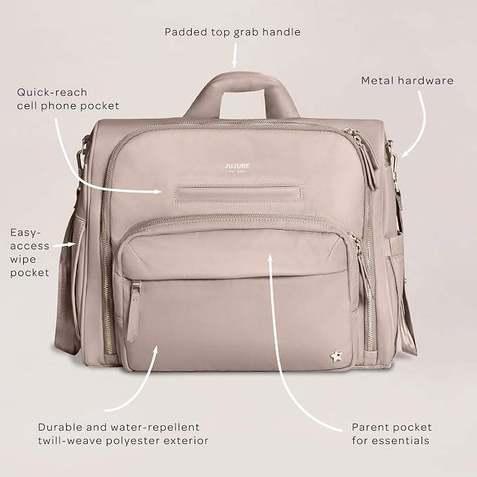 JuJuBe New Satchel Diaper Bag, Convertible Diaper Bag with Portable Changing Pad, Travel Backpack, For Carrying Baby Bottles, Baby Wipes, Diapers, Pacifiers, Snacks, Taupe, Mother's Day Gift - Image 4
