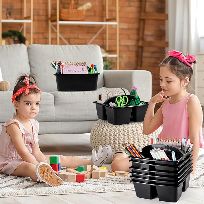 6 Pack Classroom Caddy with Handle Plastic Storage Caddy Organizer with 3 Compartments Desk Caddies Holder Portable Storage Bin for Pencil, Crayon, Marker, Home, Office, School Supplies(Black) - Image 5