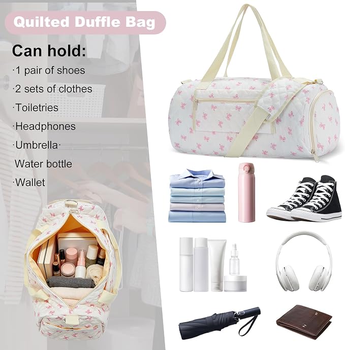 White Pink Bow Quilted Weekender Duffle Bag with Shoe Compartment | Women's Overnight Gym Bag for Travel, Carry-On Duffel with Luggage Sleeve for Hospital Labor & Weekend Getaway - Image 3