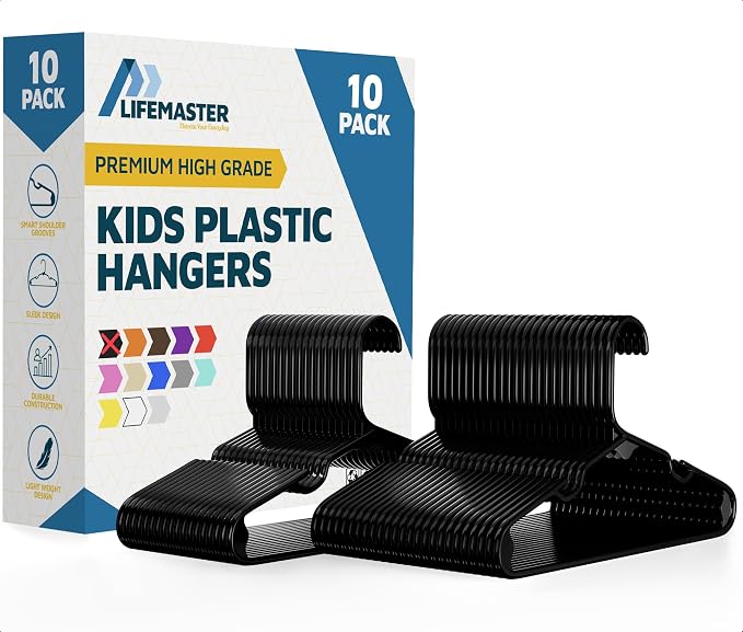 Lifemaster Plastic Kids Clothes Hanger – Children Clothes Hanger with Shoulder Notch, 11.6 Inch Space-Saving Closet Organizer for Baby, Toddler, and Kids Clothing, Hold Up to 5 lbs, Pack of 10, Black by LIFEMASTER