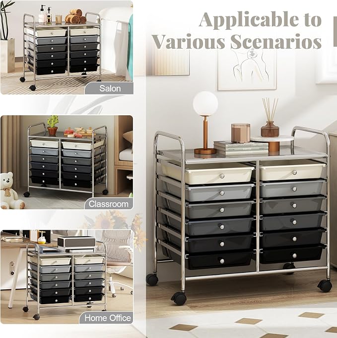 RELAX4LIFE 12-Drawer Rolling Storage Cart - Mobile Utility Cart on Wheels for School Classroom Teacher Office Salon, Paper File Art Supply Craft Organizer, Rolling Cart with Drawers (Gradient Black) - Image 7