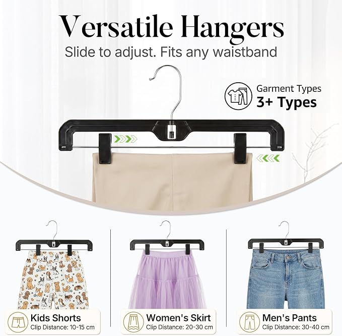 HOUSE DAY Black Pants Hangers with Clips 12 Pack, Plastic Skirt Hangers for Women, 14 Inch Clip Hanger for Pants, Skirts, Jeans, Shorts, Legging, with 360-degree Swivel Hook, 2 Adjustable Clips - Image 7