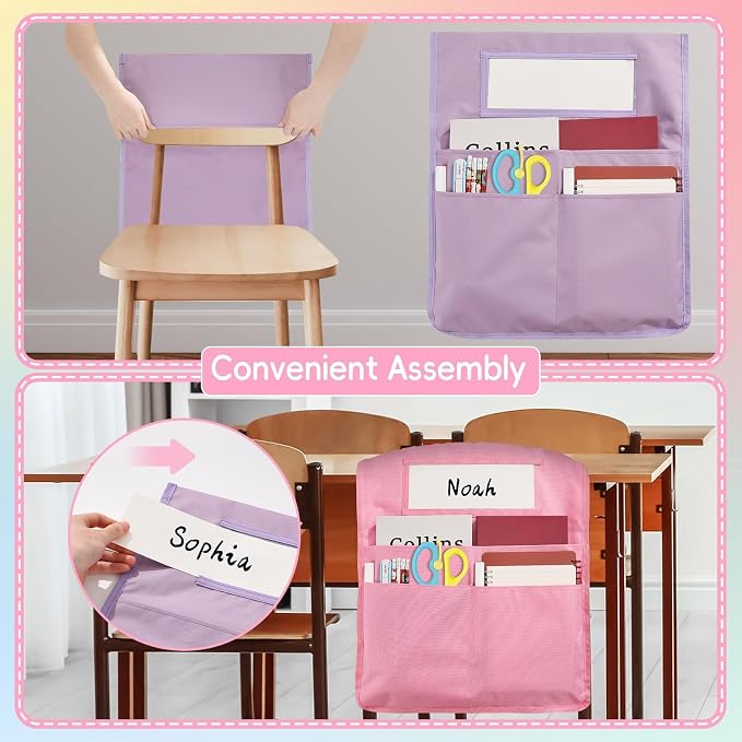 gisgfim 12 Pcs Chair Pockets for Classroom 16.7 x 19.3 Inch s with Name Tag Chairback 3 Pockets Chairs Seat Back Organizer for Elementary School Daycare Home Supply (Pastel) - Image 5
