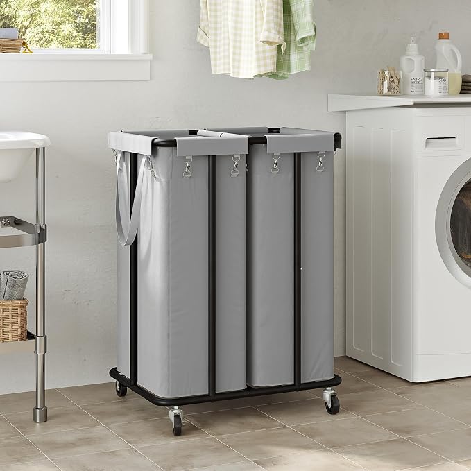 WOWLIVE Double Laundry Hamper with Wheels, 170L Rolling Laundry Basket | 2 Section Laundry Hamper, Laundry Cart with Steel Frame, Removable Bags, Large Dirty Clothes Hamper Dorm Room Storage, Grey - Image 2