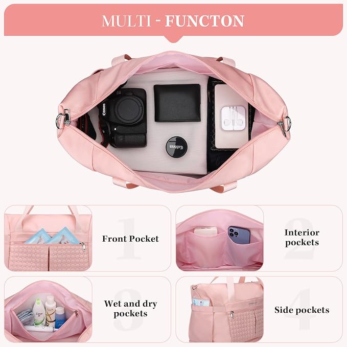 Maelstrom Gym Bag for Women,40L Travel Duffel Bag with Shoes Compartment and Wet Pocket,Waterproof Carry On Weekender Bag,Sport Gym Tote Bags Swimming Yoga, Hospital Holdalls（Pink) - Image 4