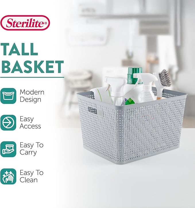 Sterilite Tall Basket, Woven Plastic Storage Organizer Bin, Cement, 6-Pack | Decorative Open Top Storage Bins with Handles for Bedroom, Bathroom, Dorm, Closet, Office and Shelf Organization - Image 2