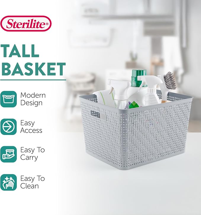 Sterilite 12 Pack Plastic Storage Bin Organization Containers, Tall Baskets, Cement - Image 3