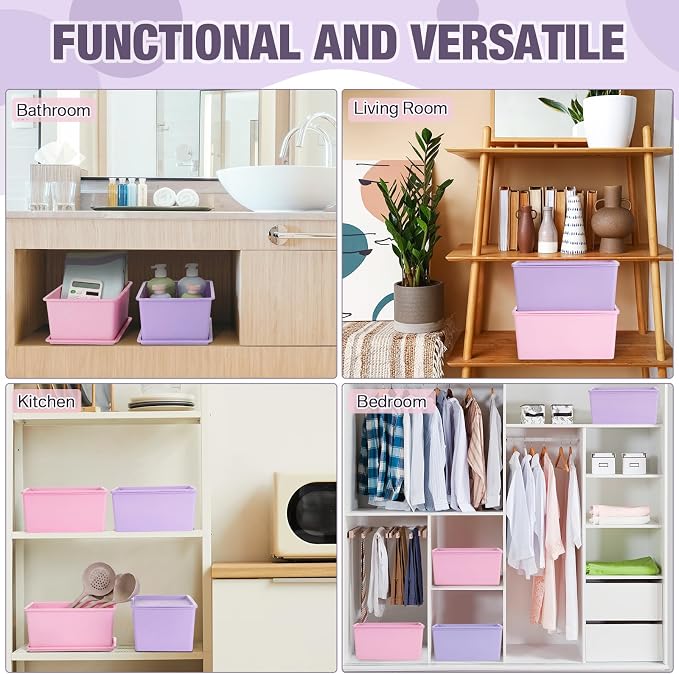 6 Pcs Small Plastic Storage Bins with Lids,Pink, Purple - Image 5