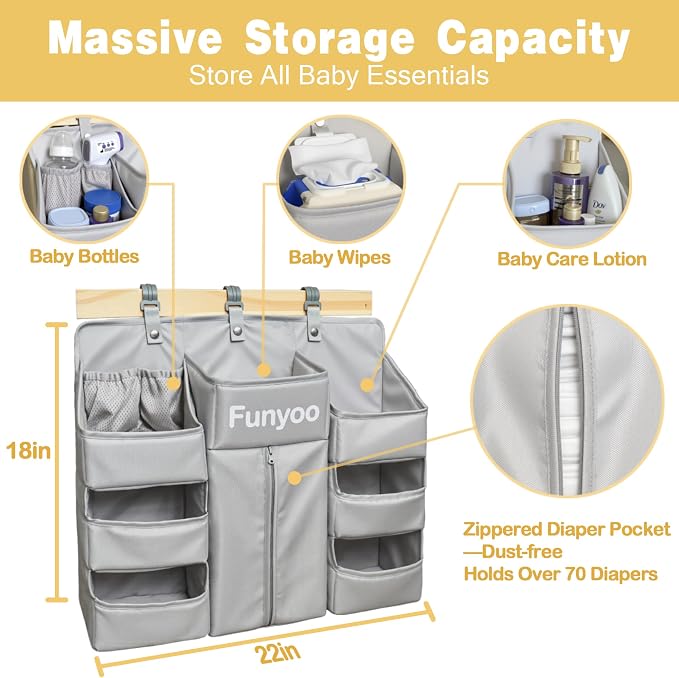 Baby Hanging Diaper Organizer for Changing Table and Crib - Holds 70+ Diapers & Essentials, Heavy Duty Stacker Storage for Playard, 22.4" L x 18.1" W x 5.9" H - Image 4