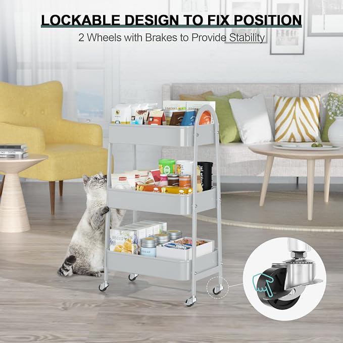 3 Tier Utility Rolling Cart, Metal Storage Cart with Handle and Lockable Wheels, Multifunctional Storage Organizer Trolley with Mesh Baskets for Kitchen, Living Room, Office, Garage (Grey) - Image 5