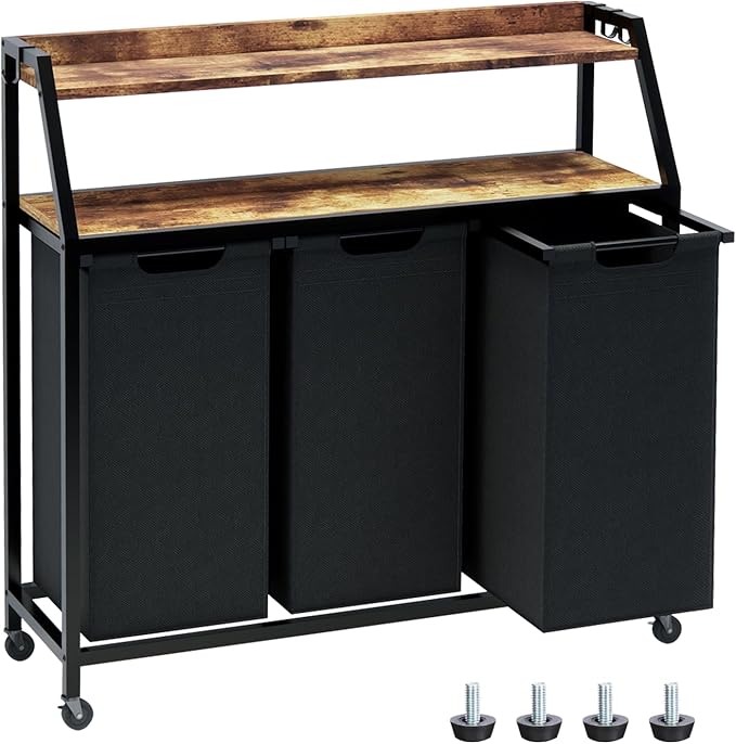 Laundry Hamper, Laundry Sorter 3 Section, Rolling Laundry Basket with Wheels, 2 Shelves, 3 × 14.5 Gal, Pull-Out and Removable Oxford Fabric Bags, for Laundry Room, Black and Rustic Brown by Timberer