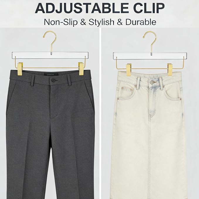 Acrylic Hangers,Clear Hangers with Gold Hooks,Luxurious Skirt Pants Hangers Gold Clips for Clothing Closet Storage 10 pcs - Image 4