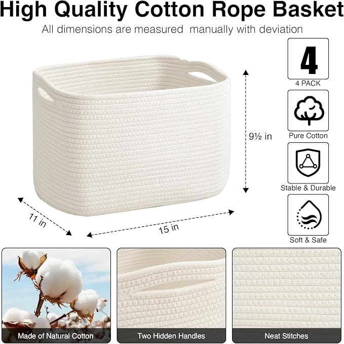 ICERZCZ Storage Baskets for Organizing & Shelves, Woven Cotton Rope Organization Bins for Dog Toys, Clothes, Books, Nursery Organizer, 15"Lx11''Wx9.5''H, (4 Packs) Off White - Image 3