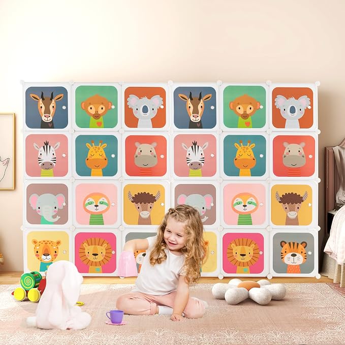 HONEY JOY Kids Wardrobe Closet, Baby Cartoon Clothes Storage Organizer, 12 Cubes & 2 Hanging Sections, Portable Children DIY Modular Bedroom Armoire Dresser Cabinet for Boys Girls (White) - Image 2