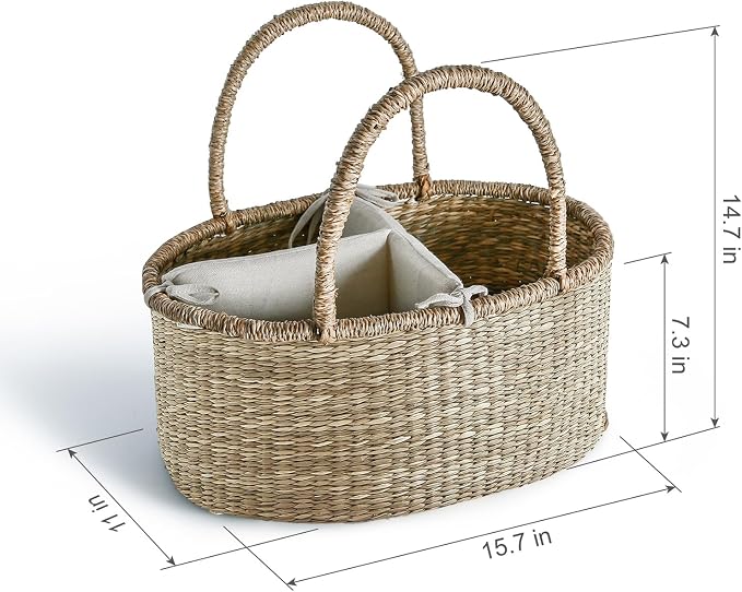 Premium Wicker Baby Diaper Caddy Organizer, Woven Seagrass Basket with Handles, Diaper Basket with Dividers (Seagrass) - Image 3