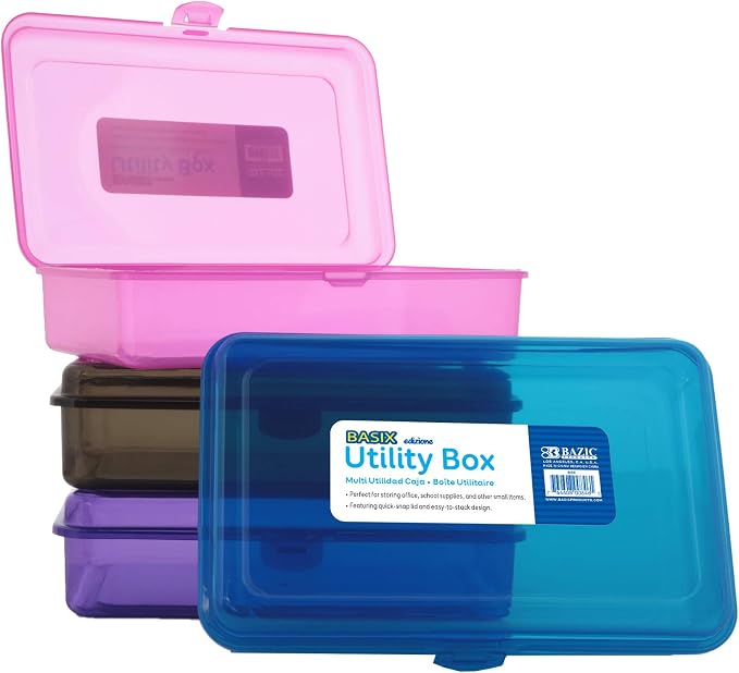 BAZIC PRODUCTS Basix Multipurpose Utility Box, for Desk Office School, Set of 4 | snap-latch lid for pens, tools, crafts, supplies by BAZICProducts