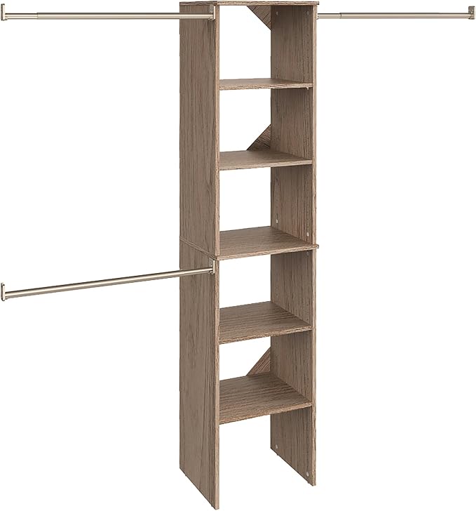 ClosetMaid SuiteSymphony Wood Closet Organizer Starter Kit with Tower and 3 Hang Rods, Shelves, Adjustable, Fits Spaces 4 – 9 ft. Wide, Natural Gray by Unknown