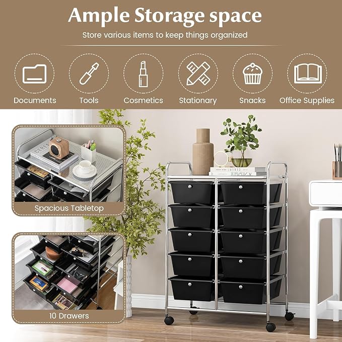 10 Drawer Rolling Cart, Storage Cart Organizer on Wheels, Drawer Cart with Metal Frame & Large Storage Capacity, Rolling Cart with Drawers for Living Room Classroom, Office - Image 5