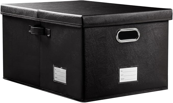 Collapsible Storage Box with Lid [1-Pack] Leather Fabric Foldable Storage Bin Organizer Container Basket Cube with Cover for Home Bedroom Closet Office Nursery Black (22.8X15.7X11.8) by Prandom