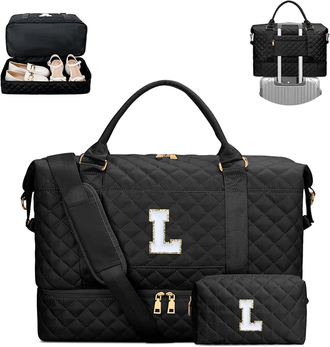 Teen Girl Women Gifts Duffle Gym Bags Overnight Bag(Black,L) | Womens Birthday Gifts-Overnight Bags with Toiletry Bag-Weekend Bags with Shoe Compartment by Unknown