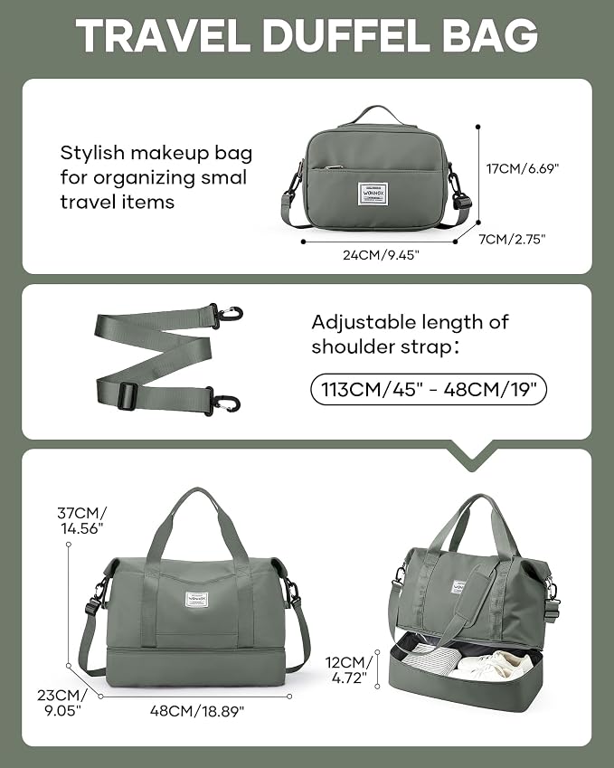 Travel Duffel Weekender Bag Women Tote Carry On Bags With Shoe Compartment | Travel Overnight Bags with Trolley Sleeve for Airplanes Waterproof Lightweight Sport Tote Gym with Toiletry Bag Green - Image 3