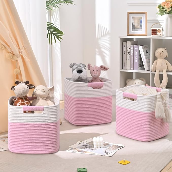 13 Inch Storage Cubes, 3 Pack Cube Storage Bins for Organizing, Cotton Rope Woven Baskets for Shelves, Bathroom, Kids Room, Closets, Baby Nursery - Image 3