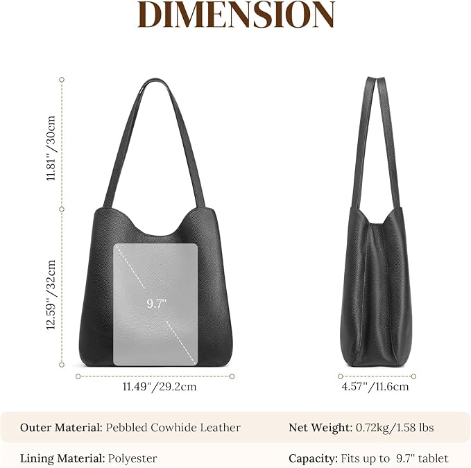 S-ZONE Soft Genuine Leather Tote Bag for Women, Shoulder Handbag Purses | Top Grain Pebbled Cowhide Leather, Fits 9.7" Pad, Multi Compartments, Bottom Metal Rivets, for Work Travel Daily - Image 4