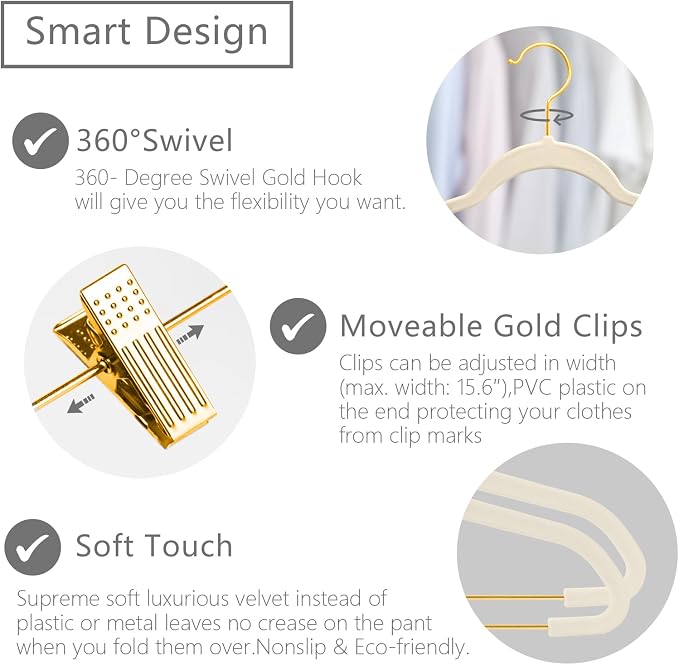 MIZGI Premium Velvet Pants Hangers with Adjustable Clips (Pack of 30) Slim Skirt Hangers- Non Slip Felt Outfit Dress Hangers Ivory - Gold Hooks,Space Saving Shirt Clothes Hangers - Image 3