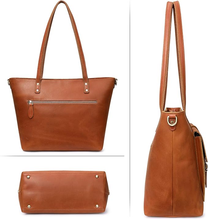 S-ZONE Women Vintage Genuine Leather Tote Bag Large Shoulder Purse Work | 14" Padded Laptop Compartment, Detachable Long Strap, Luggage Strap, Multi Pockets, Travel Everyday - Image 6