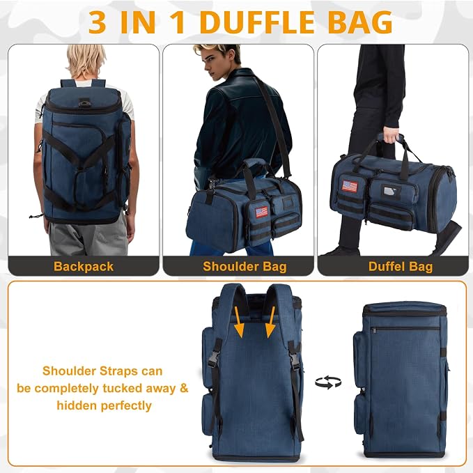 Expandable Gym Bag for Men,Tactical Large 3-in-1 Travel Duffle Backpack Bag | Water-Resistant Sports Bag With Shoes Compartment,Multi-Functional Travel Duffel Bag For Weekend, Overnight, Workout,Camping - Image 6